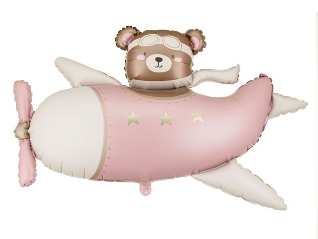 PartyDeco Bear in airplane 37"/94cm light pink